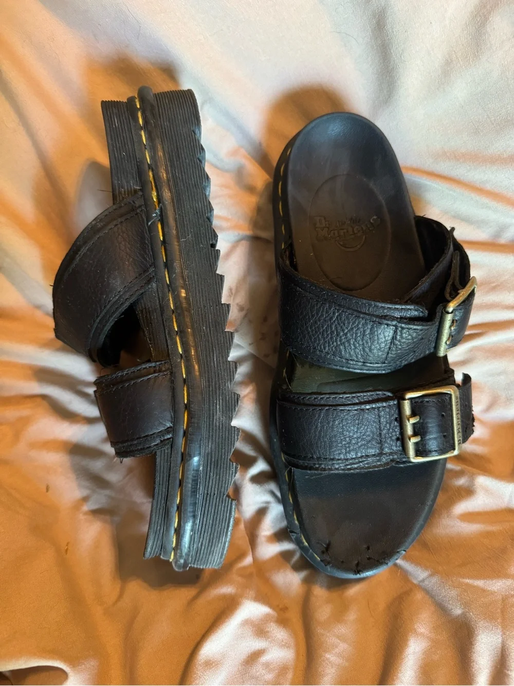 Dr. Martens Black Leather Double Buckle Platform Slides